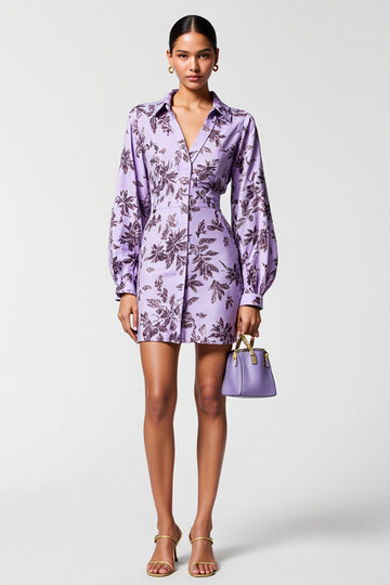 Purple Floral Bodycon Long Sleeve Wedding Guest Dress